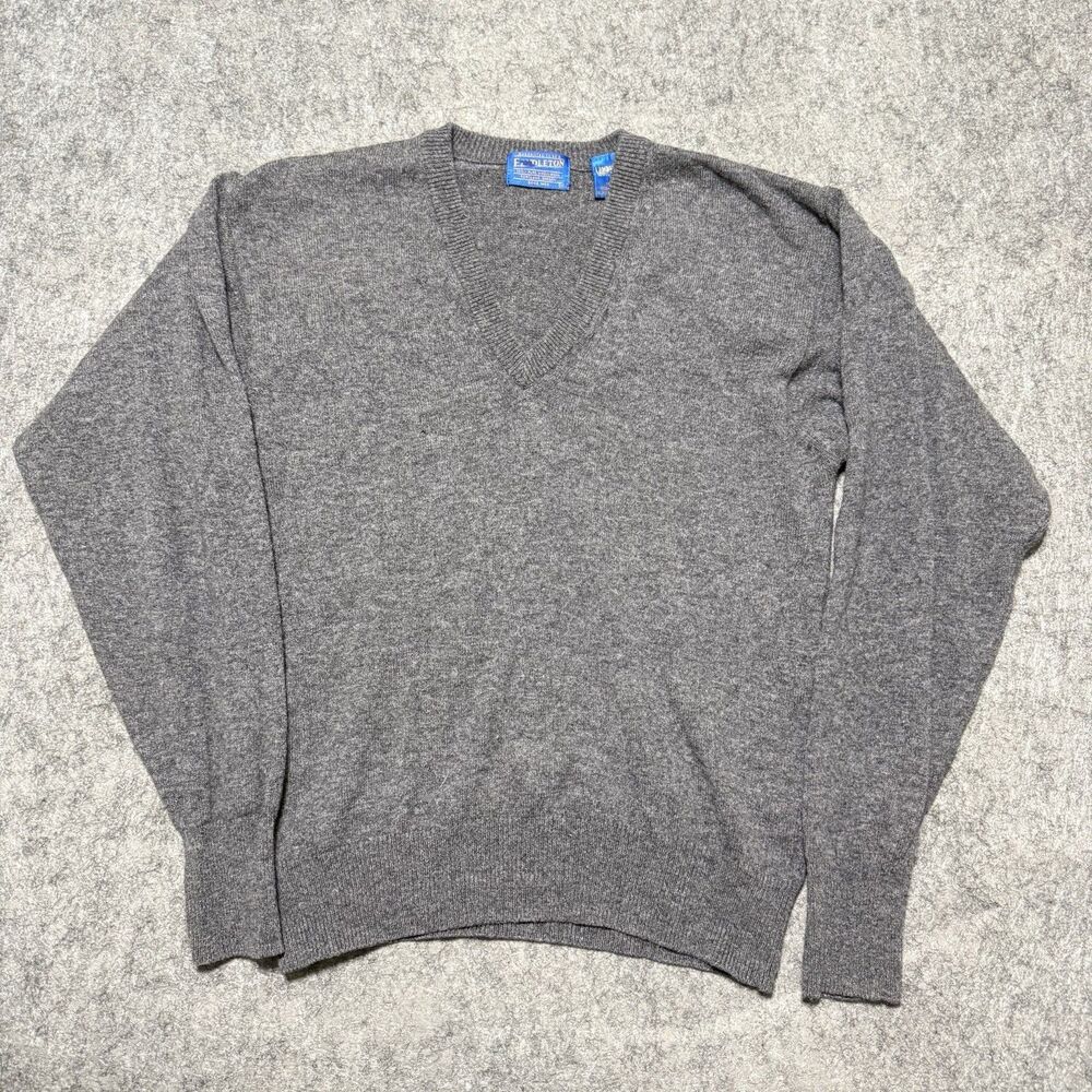 Vtg Pendleton Lambswool Sweater Mens M Gray V Neck Knit Virgin Wool Distressed